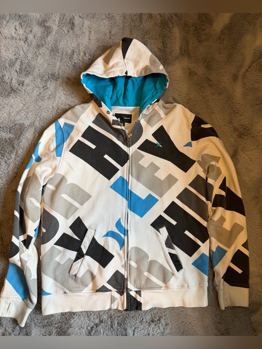 Hurley Men’s White, Blue & Gray Graphic Zip Hoodie